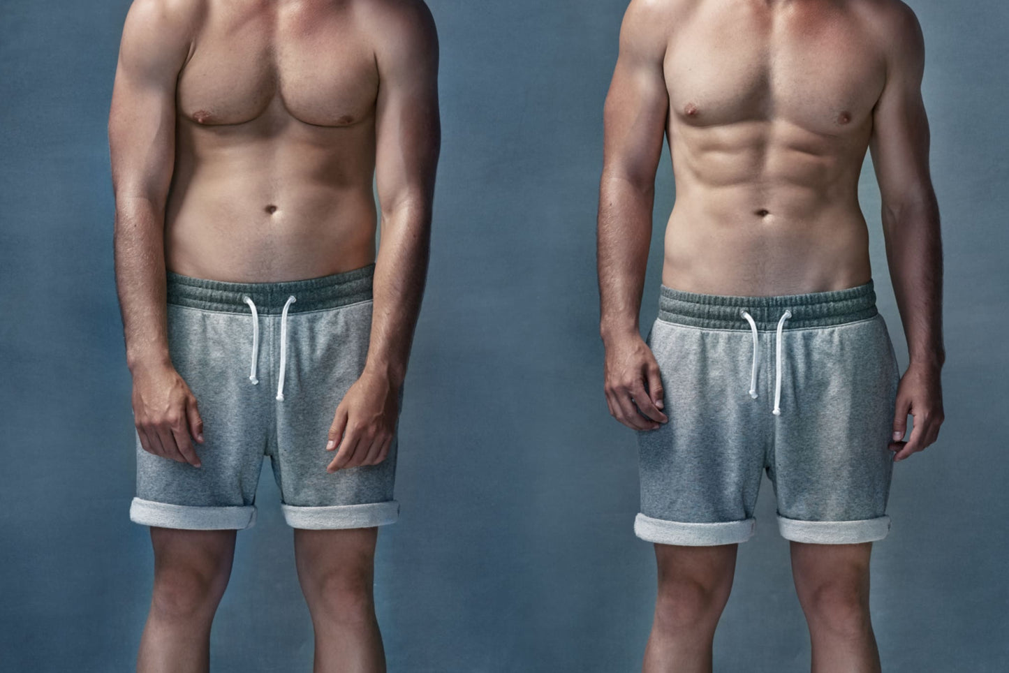 Two shirtless men wearing gray shorts with green trim against a blue background